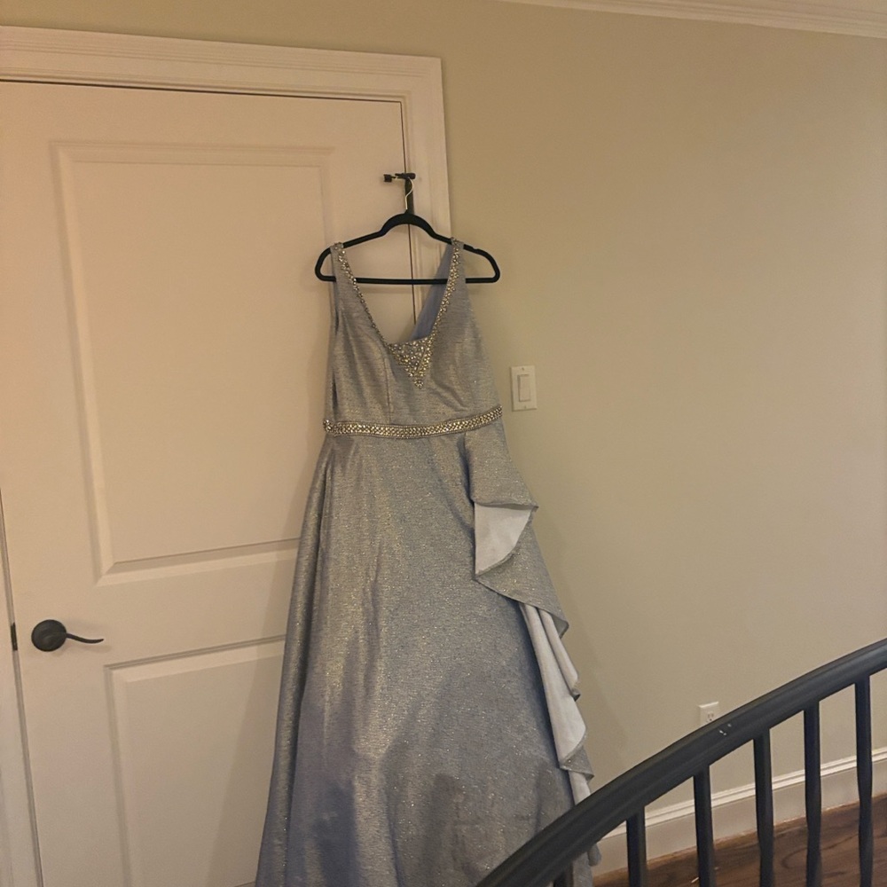 Mac Duggal Silver Dress with Embellished Neckline